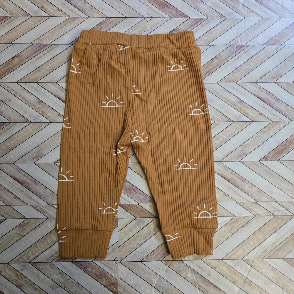 Baby Boy Girl Sun Print Ribbed Long Sleeve Onesie Pants Beanie Lounge Set 12-18M